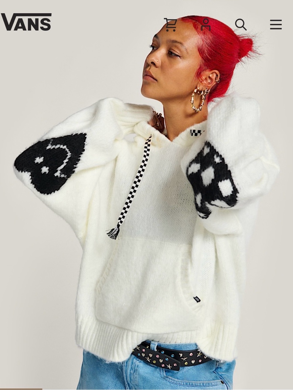 Vans White Knit Hoodie Sweater with Black Sleeve Graphics